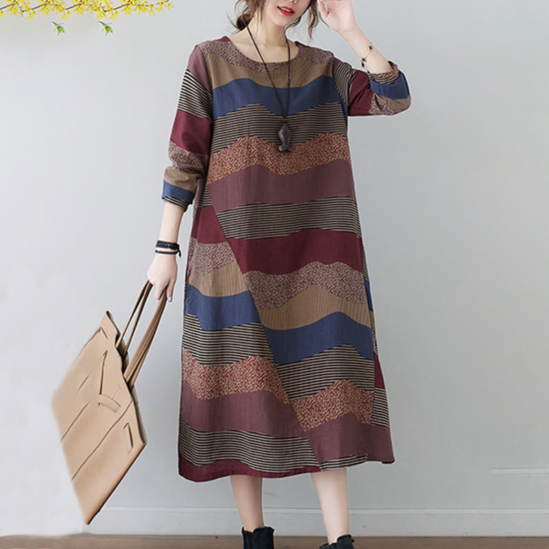 Buddha Stones Ethnic Printing Striped Pattern Long Sleeve Cotton Linen Midi Dress With Pockets - image 3
