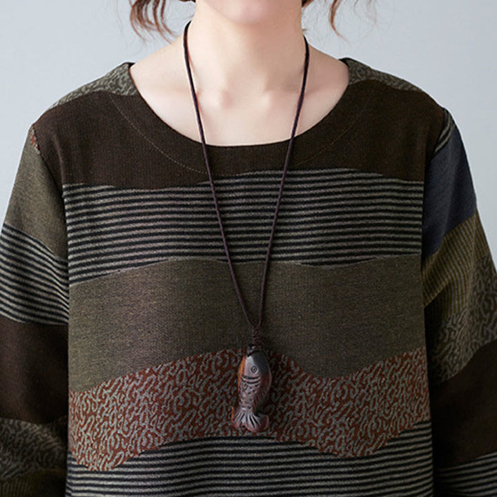 Buddha Stones Ethnic Printing Striped Pattern Long Sleeve Cotton Linen Midi Dress With Pockets - image 24