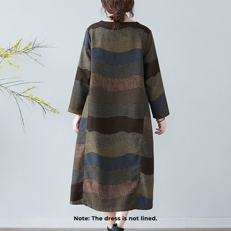 Buddha Stones Ethnic Printing Striped Pattern Long Sleeve Cotton Linen Midi Dress With Pockets - image 16