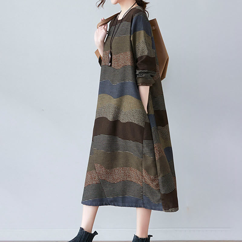 Buddha Stones Ethnic Printing Striped Pattern Long Sleeve Cotton Linen Midi Dress With Pockets - image 19