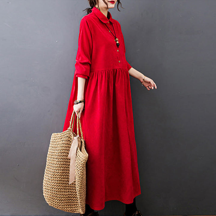 Buddha Stones Fall Buttons Design Long Sleeve Cotton Corduroy Midi Dress With Pockets - image 14