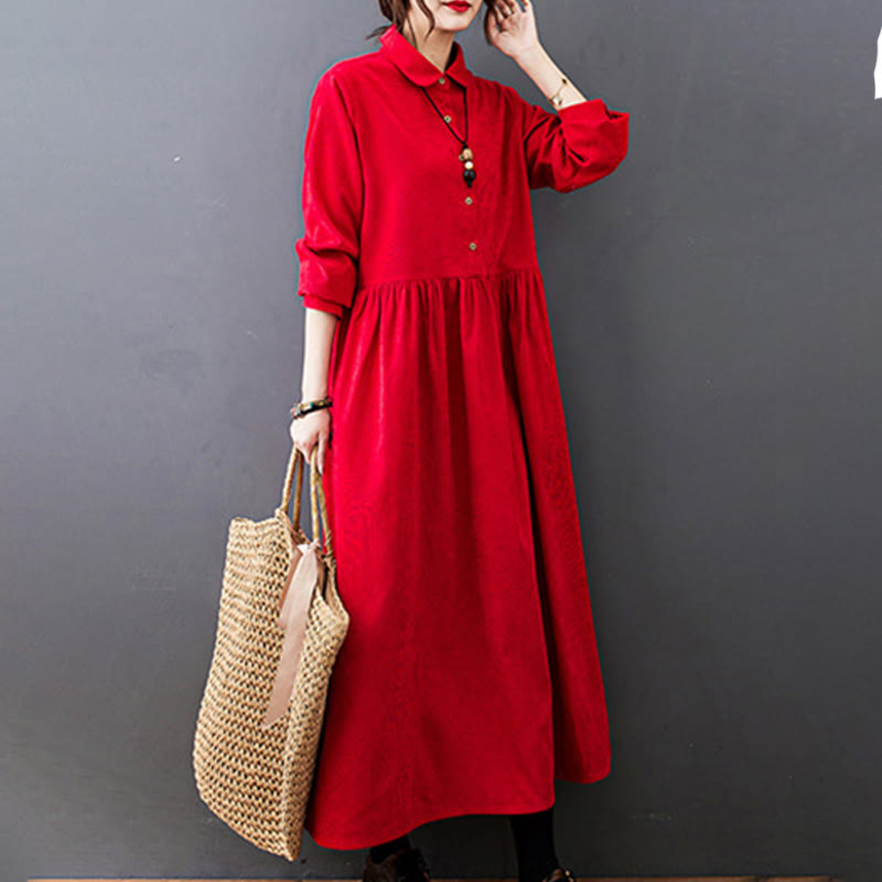 Buddha Stones Fall Buttons Design Long Sleeve Cotton Corduroy Midi Dress With Pockets - image 15