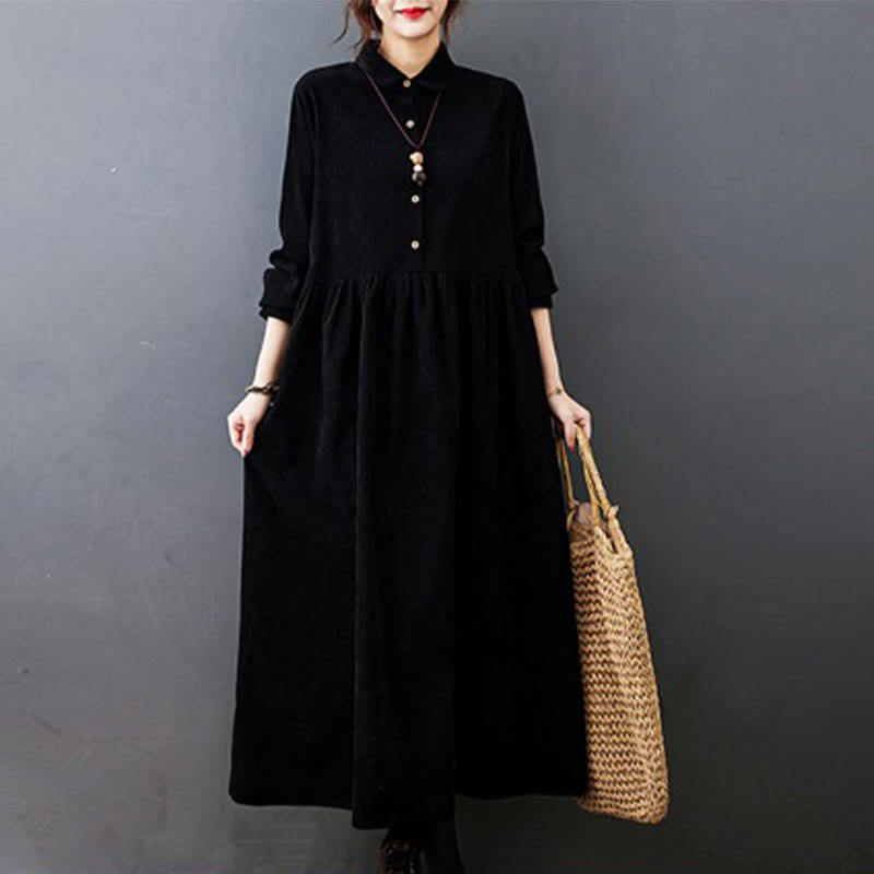 Buddha Stones Fall Buttons Design Long Sleeve Cotton Corduroy Midi Dress With Pockets - Black - US8-10，UK/AU12-14，EU40-42 (2XL) - image 0