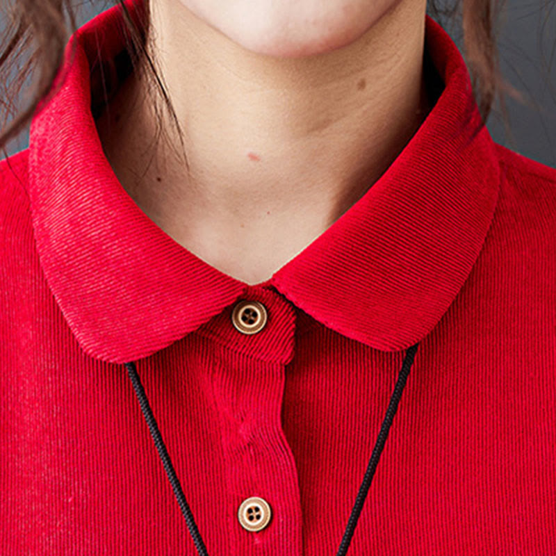 Buddha Stones Fall Buttons Design Long Sleeve Cotton Corduroy Midi Dress With Pockets - image 16