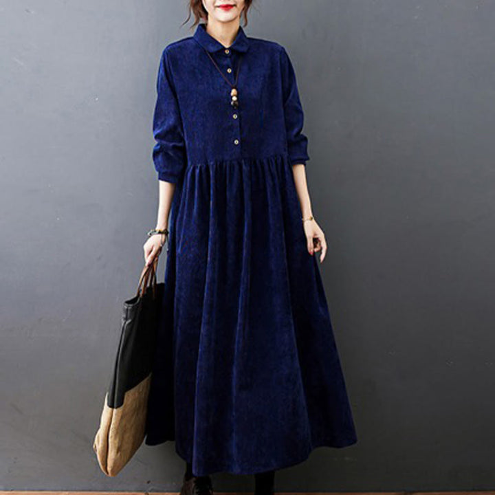 Buddha Stones Fall Buttons Design Long Sleeve Cotton Corduroy Midi Dress With Pockets - MidnightBlue - US8-10，UK/AU12-14，EU40-42 (2XL) - image 20