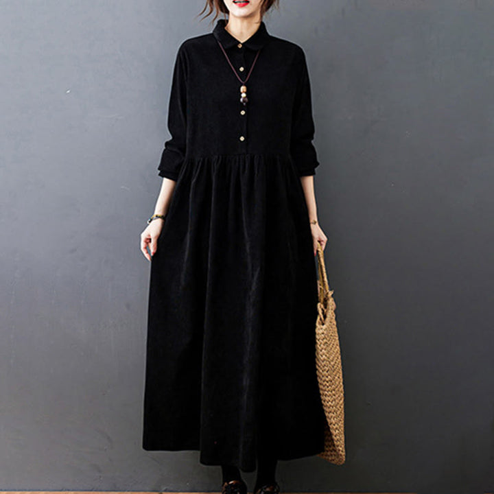 Buddha Stones Fall Buttons Design Long Sleeve Cotton Corduroy Midi Dress With Pockets - image 2