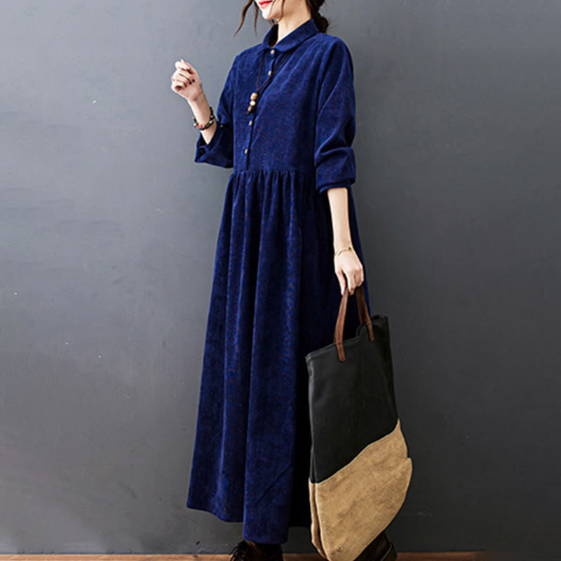 Buddha Stones Fall Buttons Design Long Sleeve Cotton Corduroy Midi Dress With Pockets - image 24