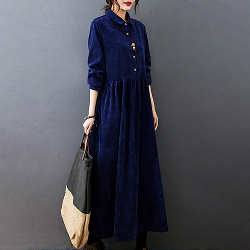 Buddha Stones Fall Buttons Design Long Sleeve Cotton Corduroy Midi Dress With Pockets - image 25