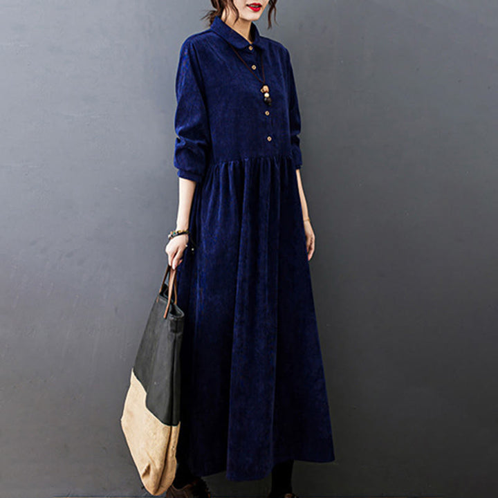 Buddha Stones Fall Buttons Design Long Sleeve Cotton Corduroy Midi Dress With Pockets - image 25
