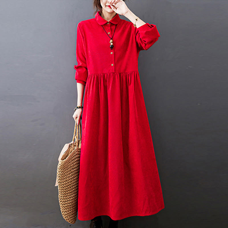 Buddha Stones Fall Buttons Design Long Sleeve Cotton Corduroy Midi Dress With Pockets - Red - US8-10，UK/AU12-14，EU40-42 (2XL) - image 9