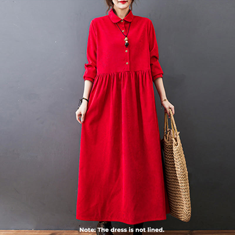 Buddha Stones Fall Buttons Design Long Sleeve Cotton Corduroy Midi Dress With Pockets - image 10