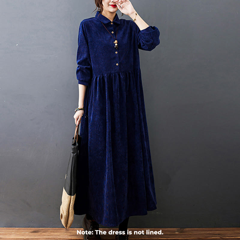 Buddha Stones Fall Buttons Design Long Sleeve Cotton Corduroy Midi Dress With Pockets - image 21