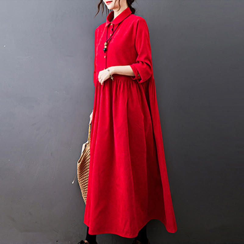 Buddha Stones Fall Buttons Design Long Sleeve Cotton Corduroy Midi Dress With Pockets - image 12