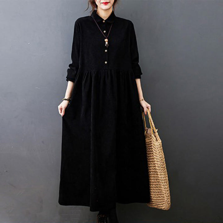 Buddha Stones Fall Buttons Design Long Sleeve Cotton Corduroy Midi Dress With Pockets - Black - US8-10，UK/AU12-14，EU40-42 (2XL) - image 0