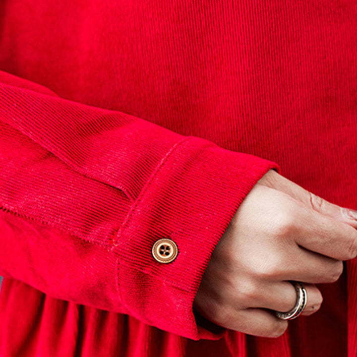 Buddha Stones Fall Buttons Design Long Sleeve Cotton Corduroy Midi Dress With Pockets - image 18