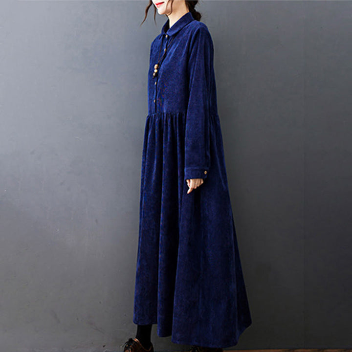 Buddha Stones Fall Buttons Design Long Sleeve Cotton Corduroy Midi Dress With Pockets - image 23