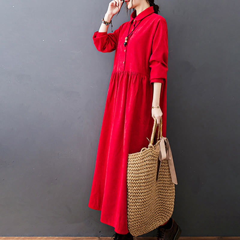 Buddha Stones Fall Buttons Design Long Sleeve Cotton Corduroy Midi Dress With Pockets - image 13