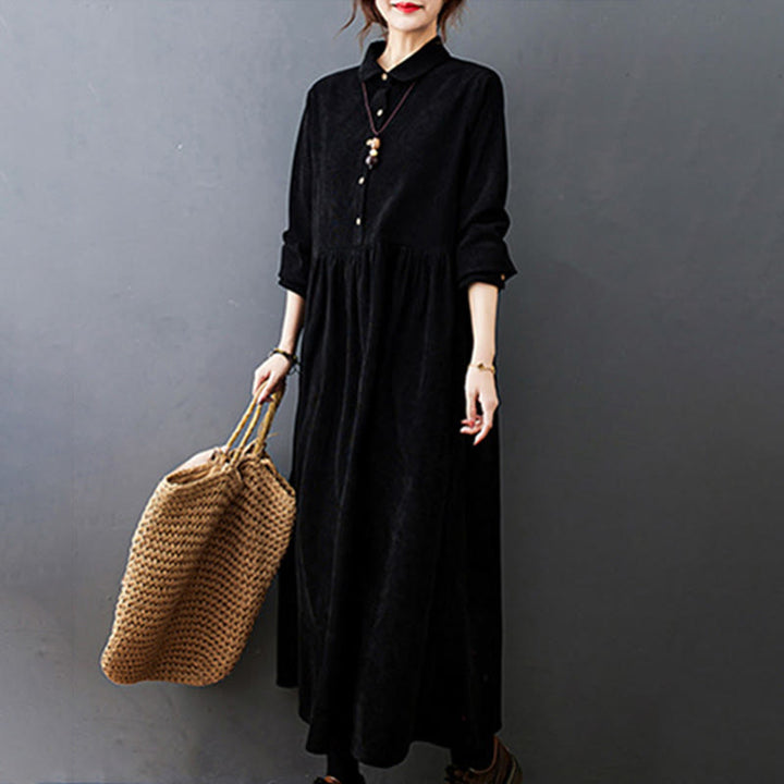 Buddha Stones Fall Buttons Design Long Sleeve Cotton Corduroy Midi Dress With Pockets - image 7