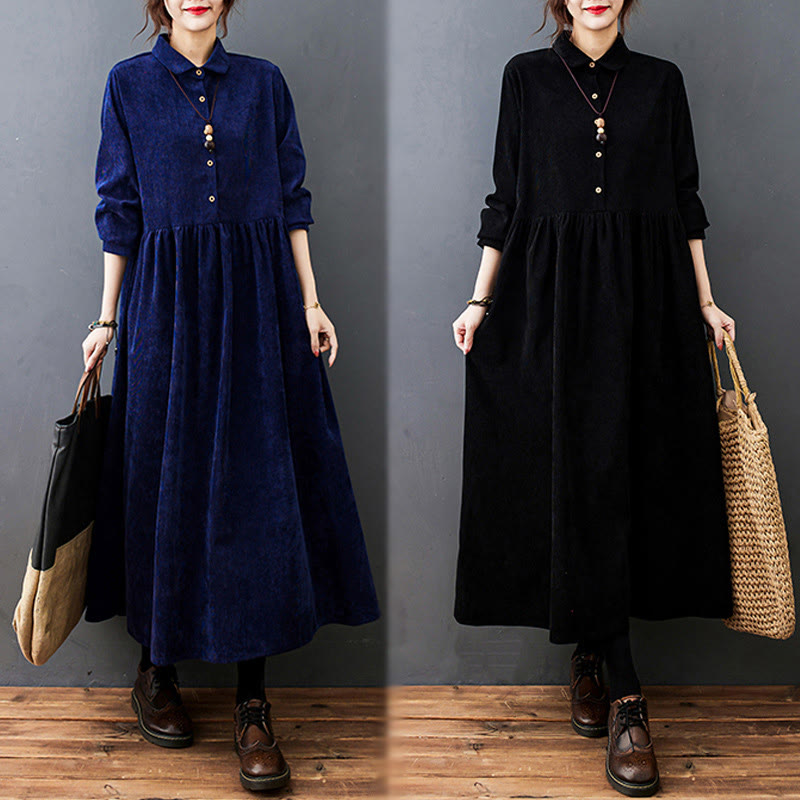 Buddha Stones Fall Buttons Design Long Sleeve Cotton Corduroy Midi Dress With Pockets - image 26