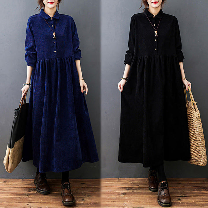 Buddha Stones Fall Buttons Design Long Sleeve Cotton Corduroy Midi Dress With Pockets - image 26