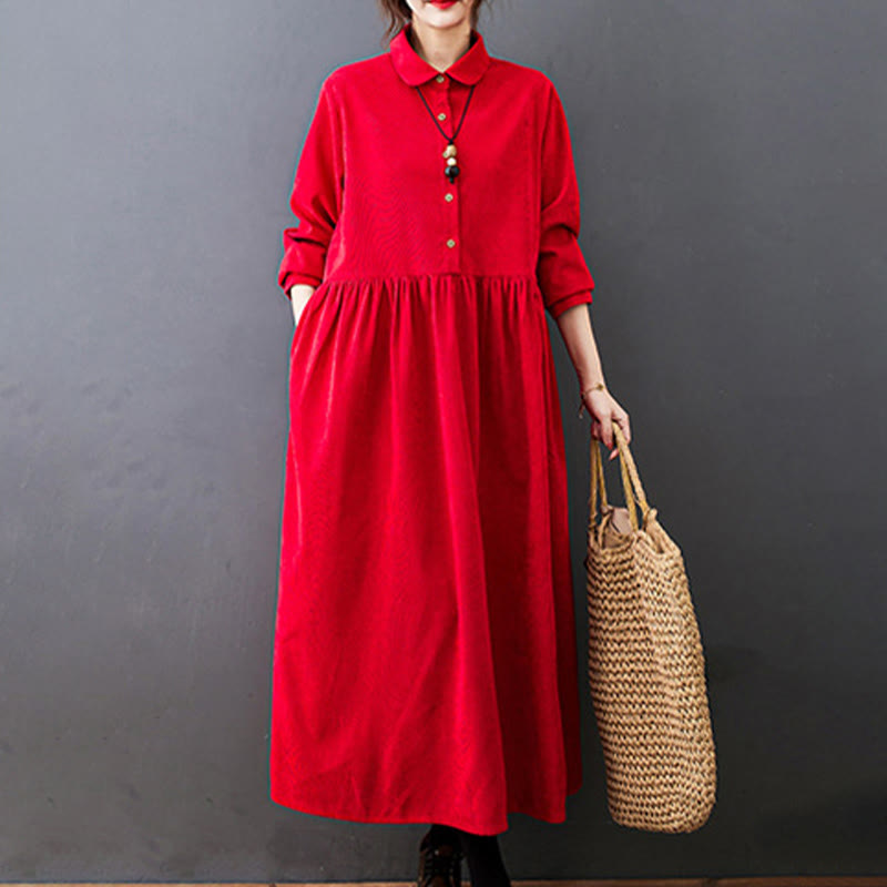 Buddha Stones Fall Buttons Design Long Sleeve Cotton Corduroy Midi Dress With Pockets - image 11