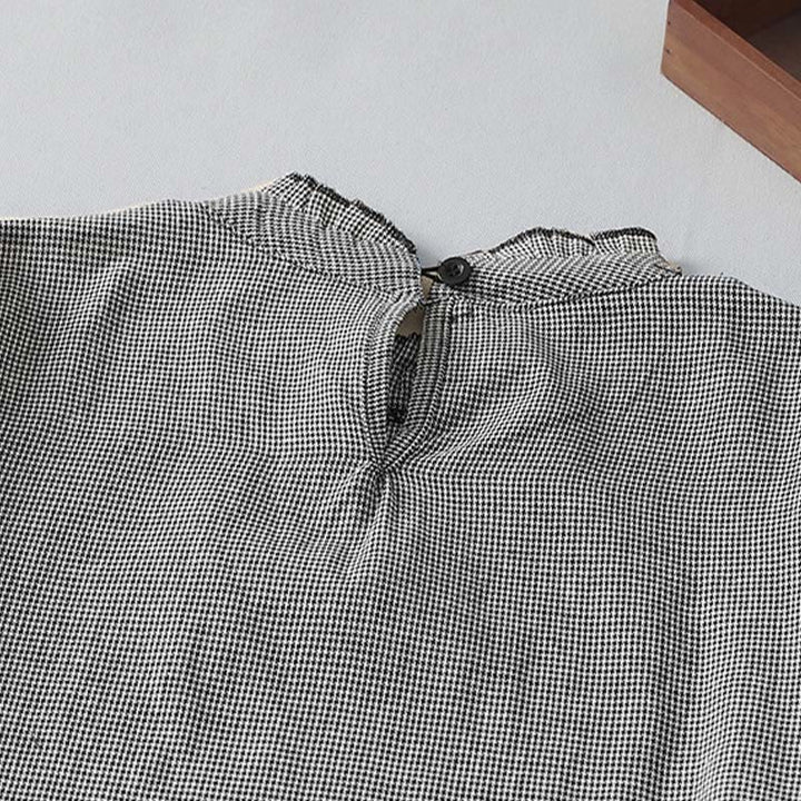 Buddha Stones Plaid Pattern Pleated Ruffled Design Long Sleeve Cotton Midi Dress With Pockets - image 3