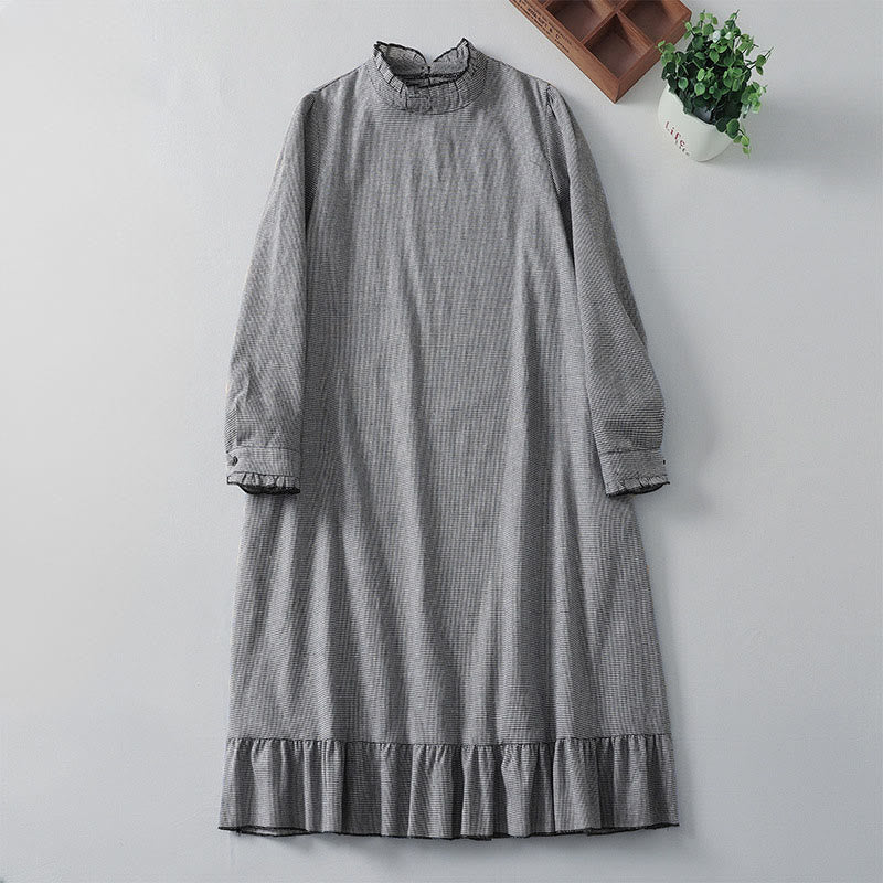 Buddha Stones Plaid Pattern Pleated Ruffled Design Long Sleeve Cotton Midi Dress With Pockets - Black - US8-10，UK/AU12-14，EU40-42 (2XL) - image 0