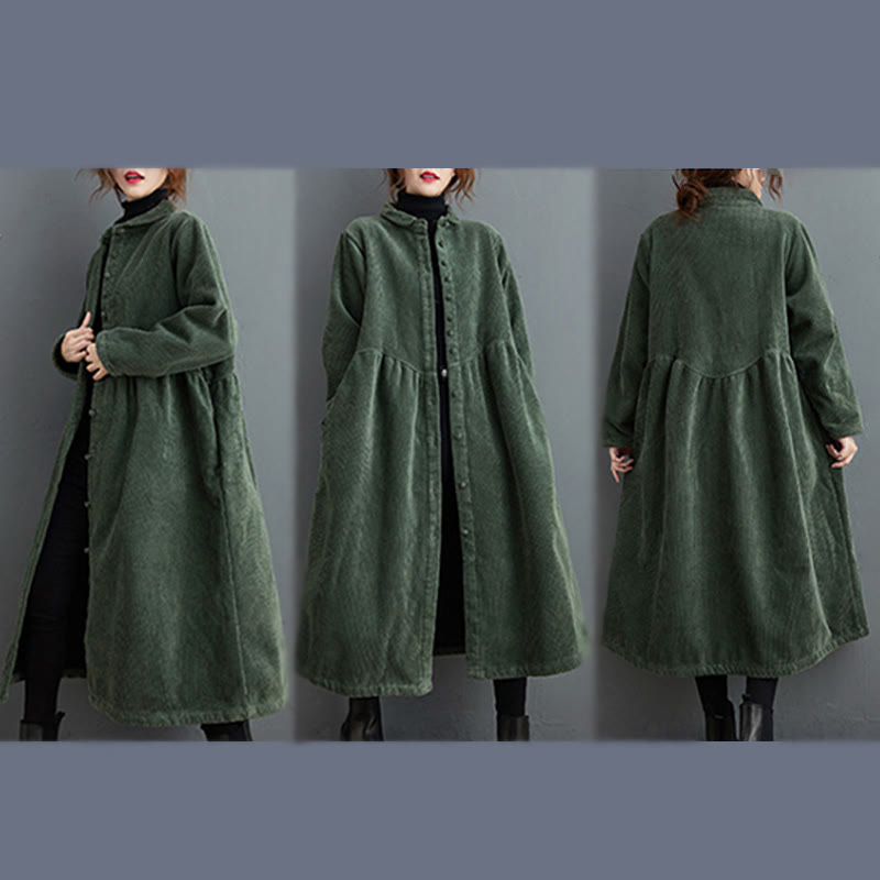 Buddha Stones Plain Buttons Long Sleeve Women's Cotton Corduroy Fleece-Lined Coat With Pockets - image 15