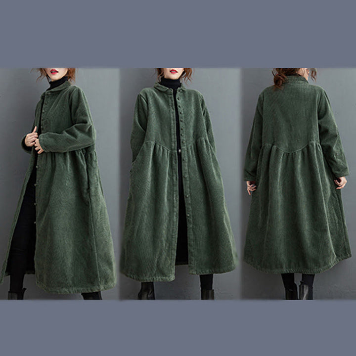 Buddha Stones Plain Buttons Long Sleeve Women's Cotton Corduroy Fleece-Lined Coat With Pockets - image 15