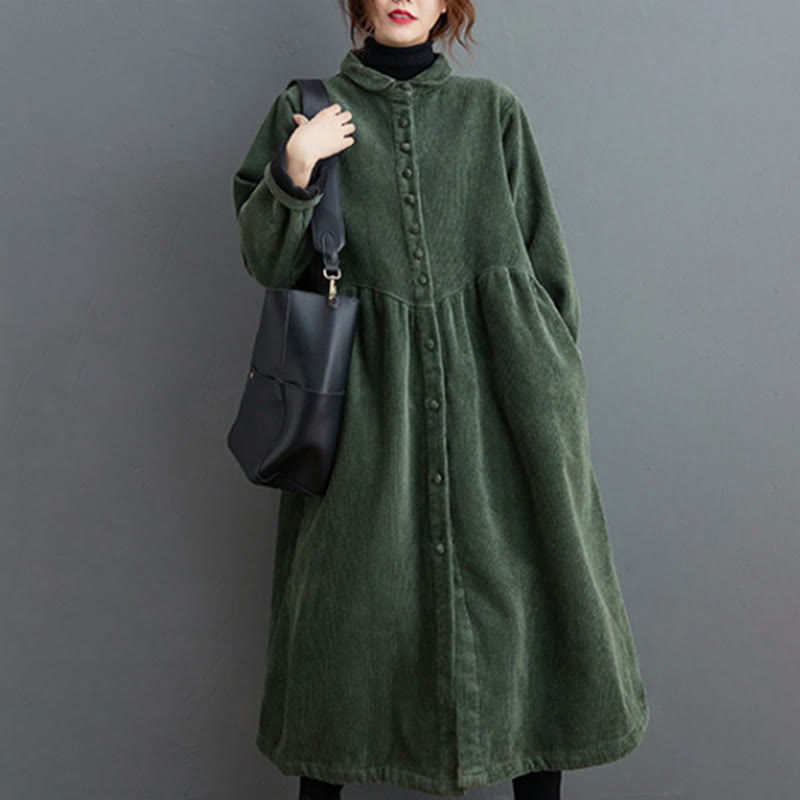 Buddha Stones Plain Buttons Long Sleeve Women's Cotton Corduroy Fleece-Lined Coat With Pockets - SeaGreen - US8-10，UK/AU12-14，EU40-42 (2XL) - image 9