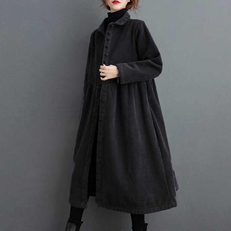 Buddha Stones Plain Buttons Long Sleeve Women's Cotton Corduroy Fleece-Lined Coat With Pockets - image 1