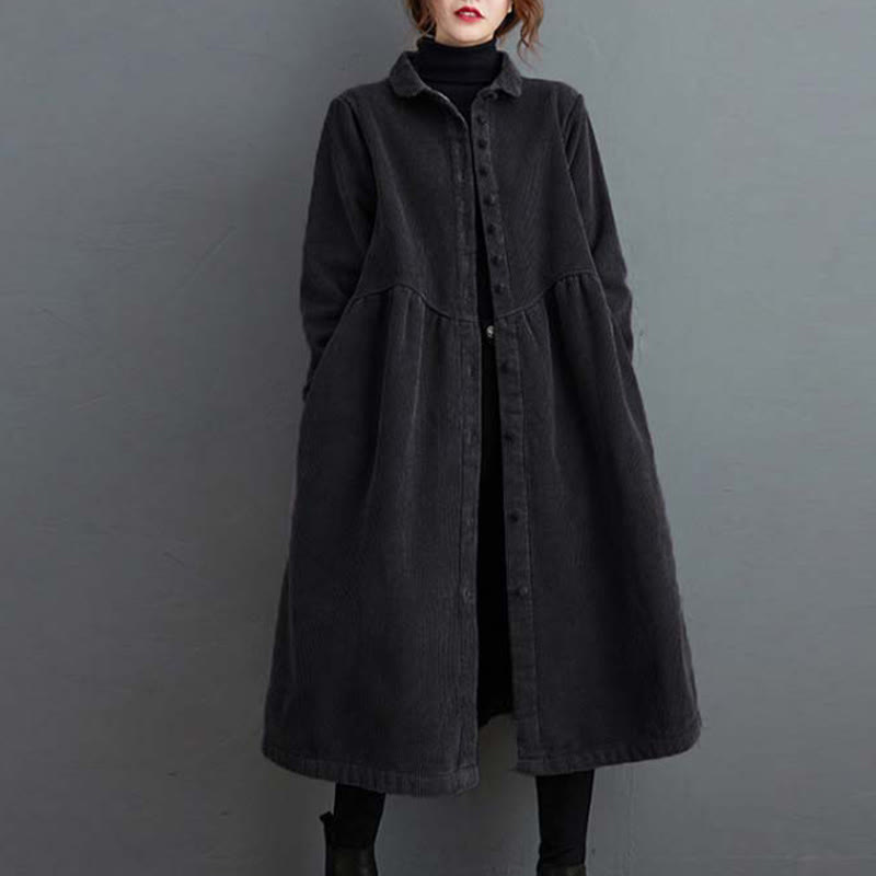 Buddha Stones Plain Buttons Long Sleeve Women's Cotton Corduroy Fleece-Lined Coat With Pockets - Black - US8-10，UK/AU12-14，EU40-42 (2XL) - image 0