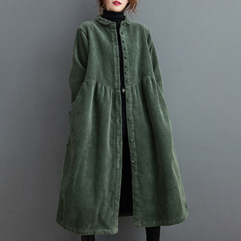 Buddha Stones Plain Buttons Long Sleeve Women's Cotton Corduroy Fleece-Lined Coat With Pockets - image 11