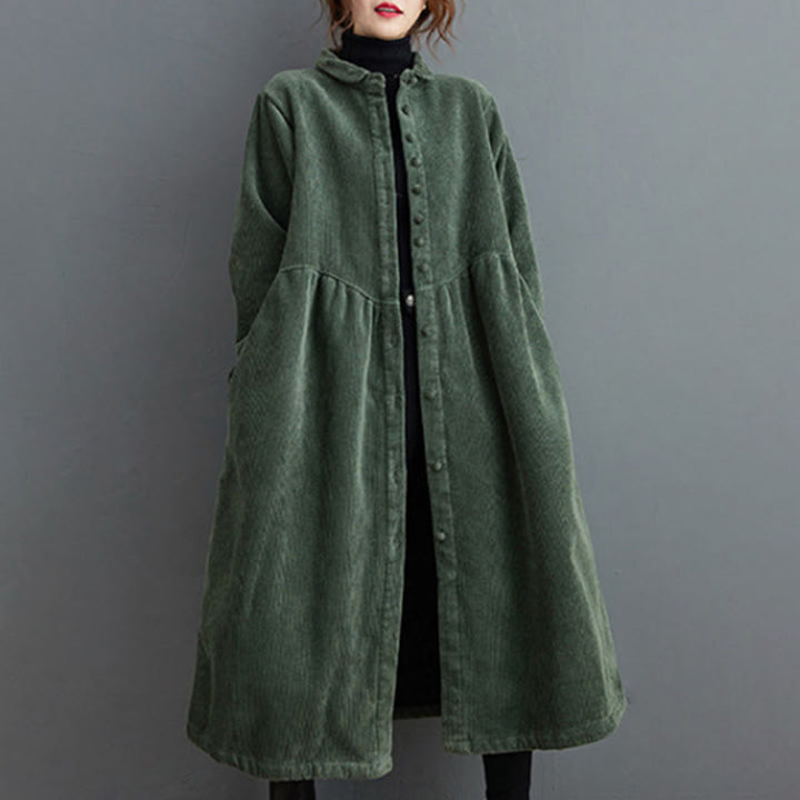 Buddha Stones Plain Buttons Long Sleeve Women's Cotton Corduroy Fleece-Lined Coat With Pockets - image 11
