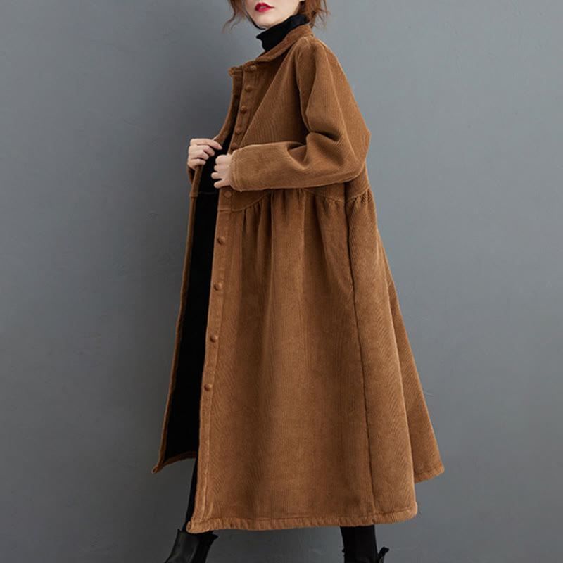 Buddha Stones Plain Buttons Long Sleeve Women's Cotton Corduroy Fleece-Lined Coat With Pockets - image 17