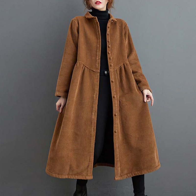 Buddha Stones Plain Buttons Long Sleeve Women's Cotton Corduroy Fleece-Lined Coat With Pockets - Peru - US8-10，UK/AU12-14，EU40-42 (2XL) - image 16