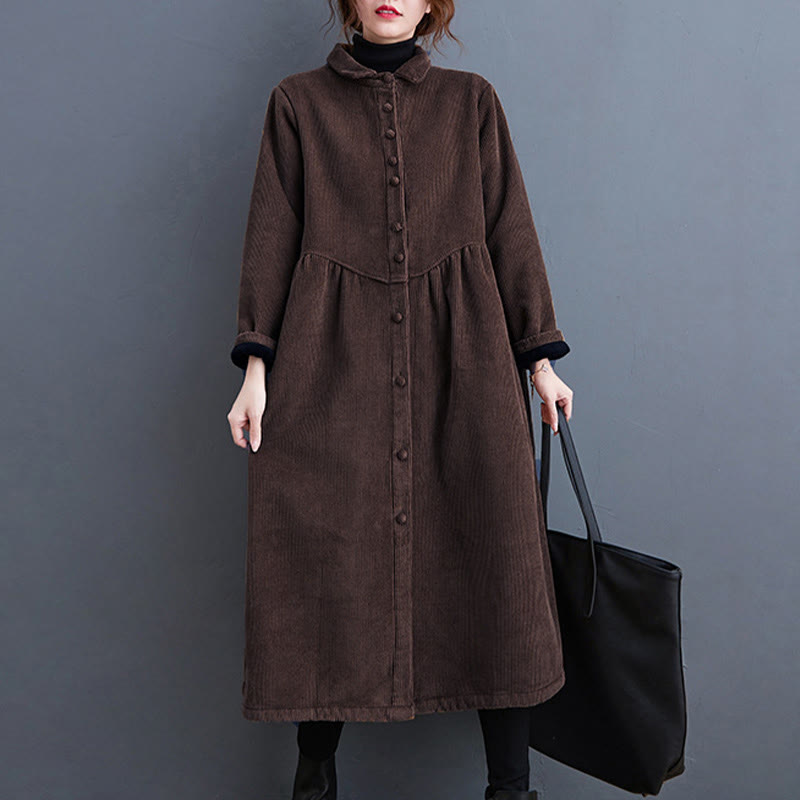 Buddha Stones Plain Buttons Long Sleeve Women's Cotton Corduroy Fleece-Lined Coat With Pockets - image 26