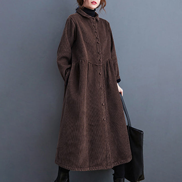 Buddha Stones Plain Buttons Long Sleeve Women's Cotton Corduroy Fleece-Lined Coat With Pockets - image 27