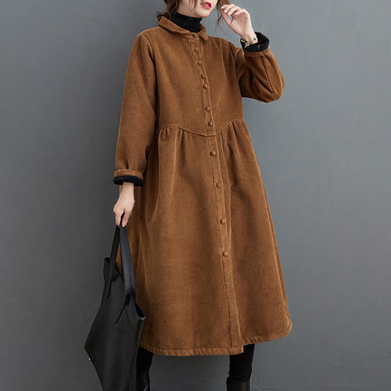 Buddha Stones Plain Buttons Long Sleeve Women's Cotton Corduroy Fleece-Lined Coat With Pockets - image 21