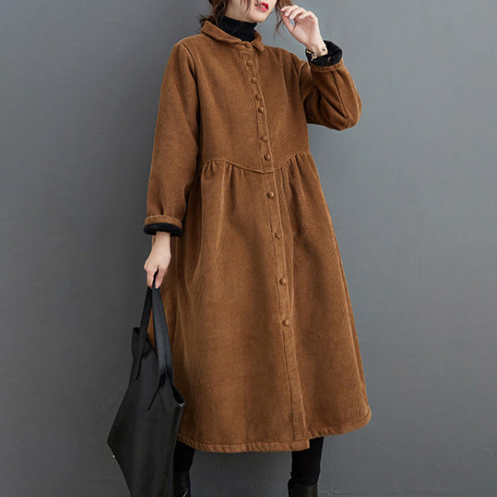 Buddha Stones Plain Buttons Long Sleeve Women's Cotton Corduroy Fleece-Lined Coat With Pockets - image 21