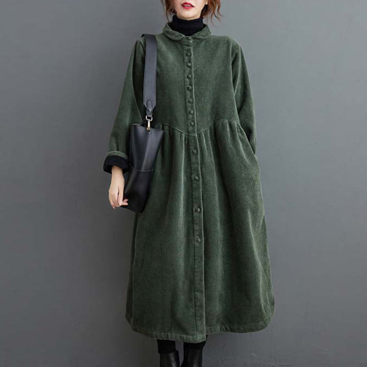Buddha Stones Plain Buttons Long Sleeve Women's Cotton Corduroy Fleece-Lined Coat With Pockets - image 12