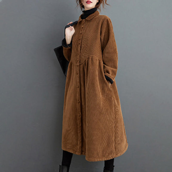 Buddha Stones Plain Buttons Long Sleeve Women's Cotton Corduroy Fleece-Lined Coat With Pockets - image 19
