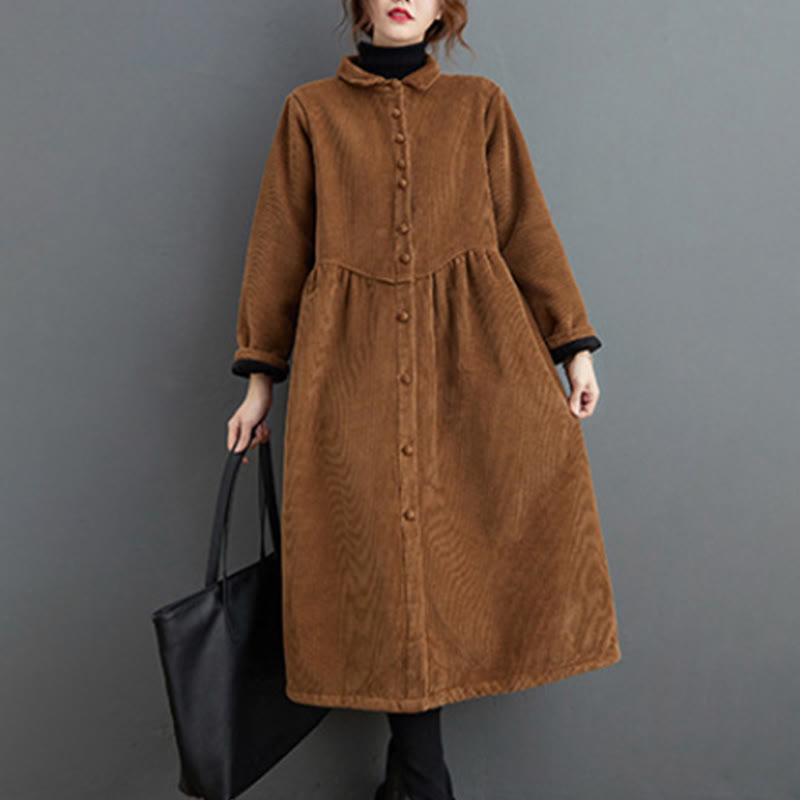 Buddha Stones Plain Buttons Long Sleeve Women's Cotton Corduroy Fleece-Lined Coat With Pockets - image 20