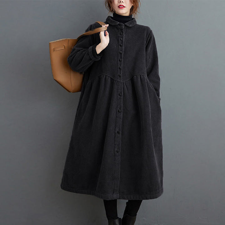 Buddha Stones Plain Buttons Long Sleeve Women's Cotton Corduroy Fleece-Lined Coat With Pockets - image 5