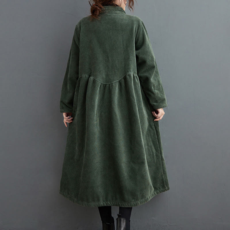 Buddha Stones Plain Buttons Long Sleeve Women's Cotton Corduroy Fleece-Lined Coat With Pockets - image 10
