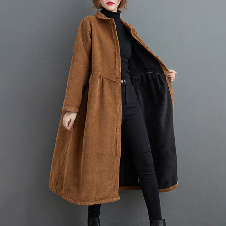 Buddha Stones Plain Buttons Long Sleeve Women's Cotton Corduroy Fleece-Lined Coat With Pockets - image 18