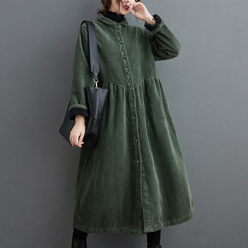 Buddha Stones Plain Buttons Long Sleeve Women's Cotton Corduroy Fleece-Lined Coat With Pockets - image 14
