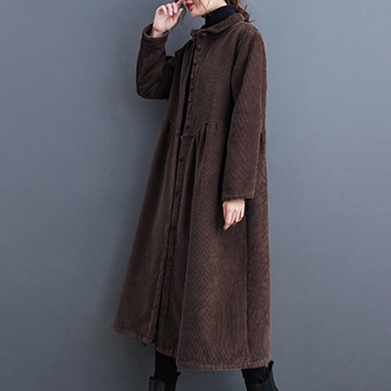 Buddha Stones Plain Buttons Long Sleeve Women's Cotton Corduroy Fleece-Lined Coat With Pockets - image 25