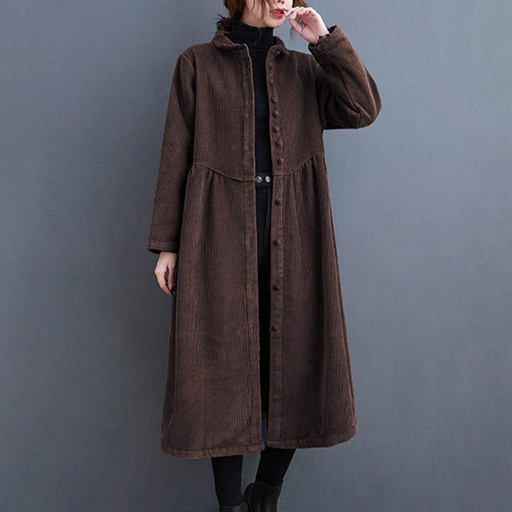 Buddha Stones Plain Buttons Long Sleeve Women's Cotton Corduroy Fleece-Lined Coat With Pockets - image 24