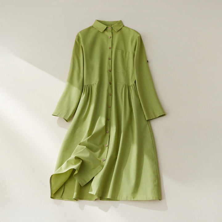 Buddha Stones Causal Commute Plain Buttons Design Long Sleeve Cotton Midi Dress With Pockets - YellowGreen - US8-10，UK/AU12-14，EU40-42 (2XL) - image 0